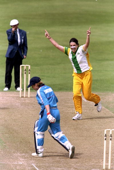 Bronwyn Calver of Australia celebrates after taking the wicket of Karen Smithies