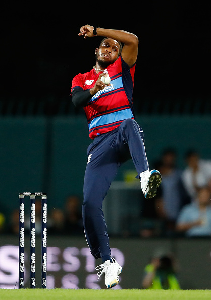 Chris Jordan bowling for England last week