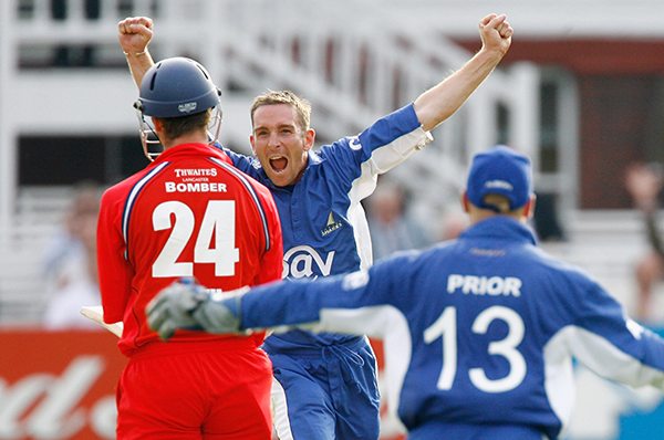 Kirtley celebrates taking the final wicket vs. Lancashire at Lord's