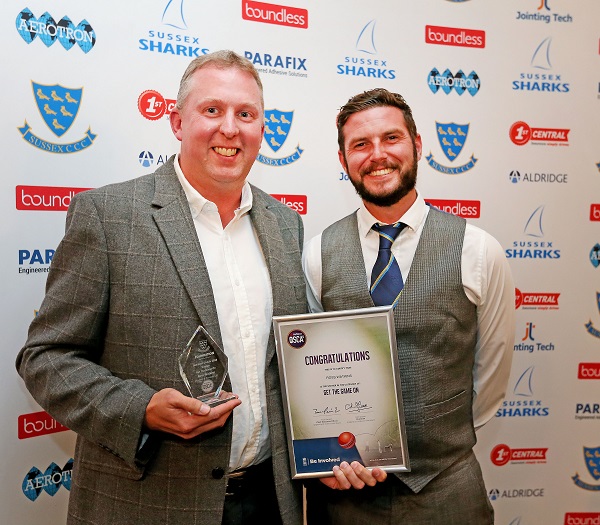Ross Watkins is presented with his Get the Game On Award by Sussex Cricket's South Territory Manager Gary Wallis Tayler