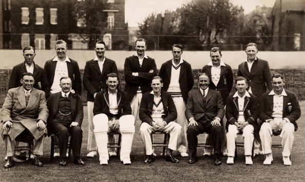 Sussex County cricket team, circa August 1933. Back row (left-right): Tommy Cook, Harry Parks, Jim Langridge, John Langridge, Jim Cornford, Jim Parks, George Cox. Front row: Maurice Tate, (unknown official), Ted Bowley, Robert Scott, Arthur Gilligan, Walter 'Tich' Cornford, Bert Wensley.