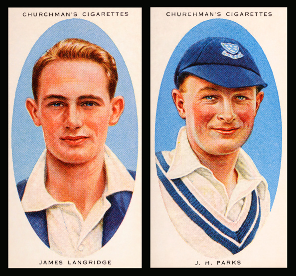 Vintage cigarette cards featuring, left to right, Sussex cricketers James Langridge and James Parks, circa 1936