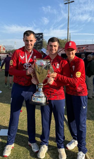 Alfie Pyle, Liam O'Brien and Jake Vosloo lift the trophy after clinching a 4-1 win in a historic series in India