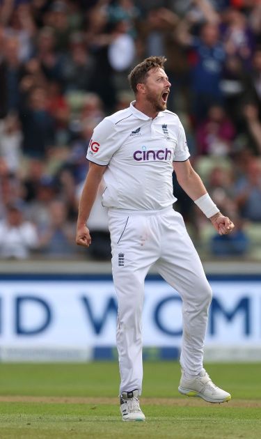Ollie Robinson celebrates a wicket for England