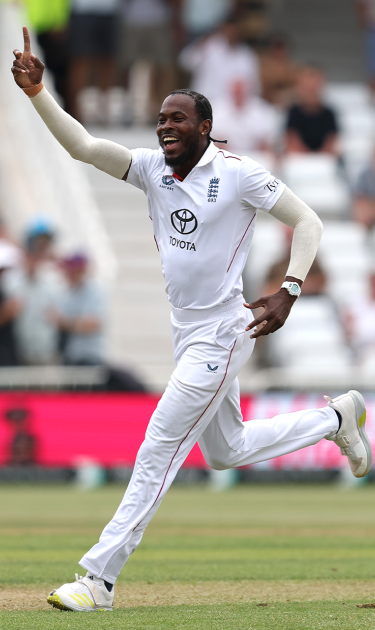 Jofra Archer celebrating a wicket for England.