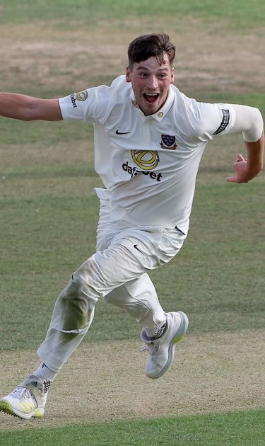 Henry Crocombe celebrates his hat-trick at Chelmsford.