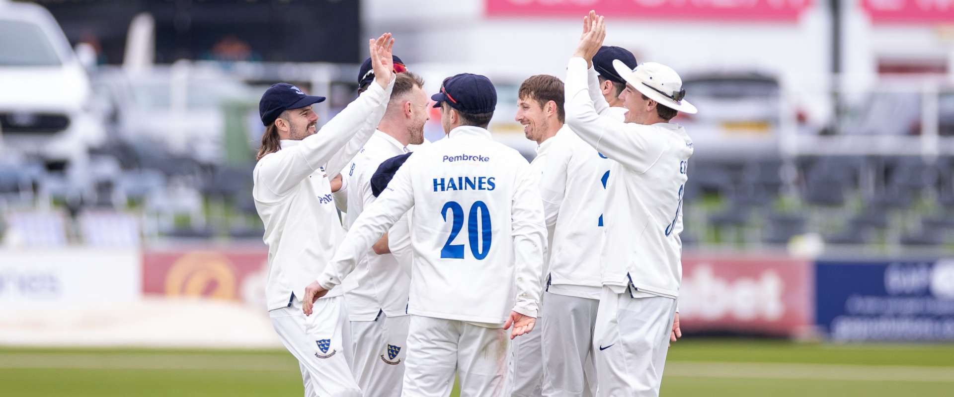 Sussex players celebrate a wicket against Northamptonshire