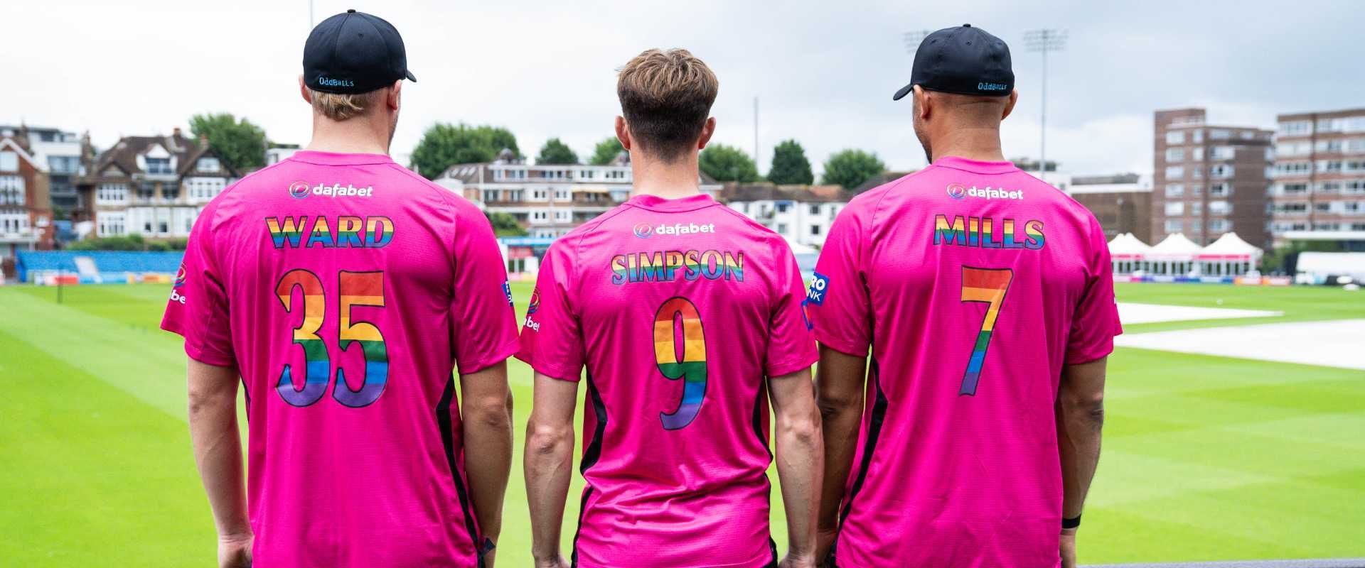 Harrison Ward, John Simpson and Tymal Mills show off the limited edition Pride kit