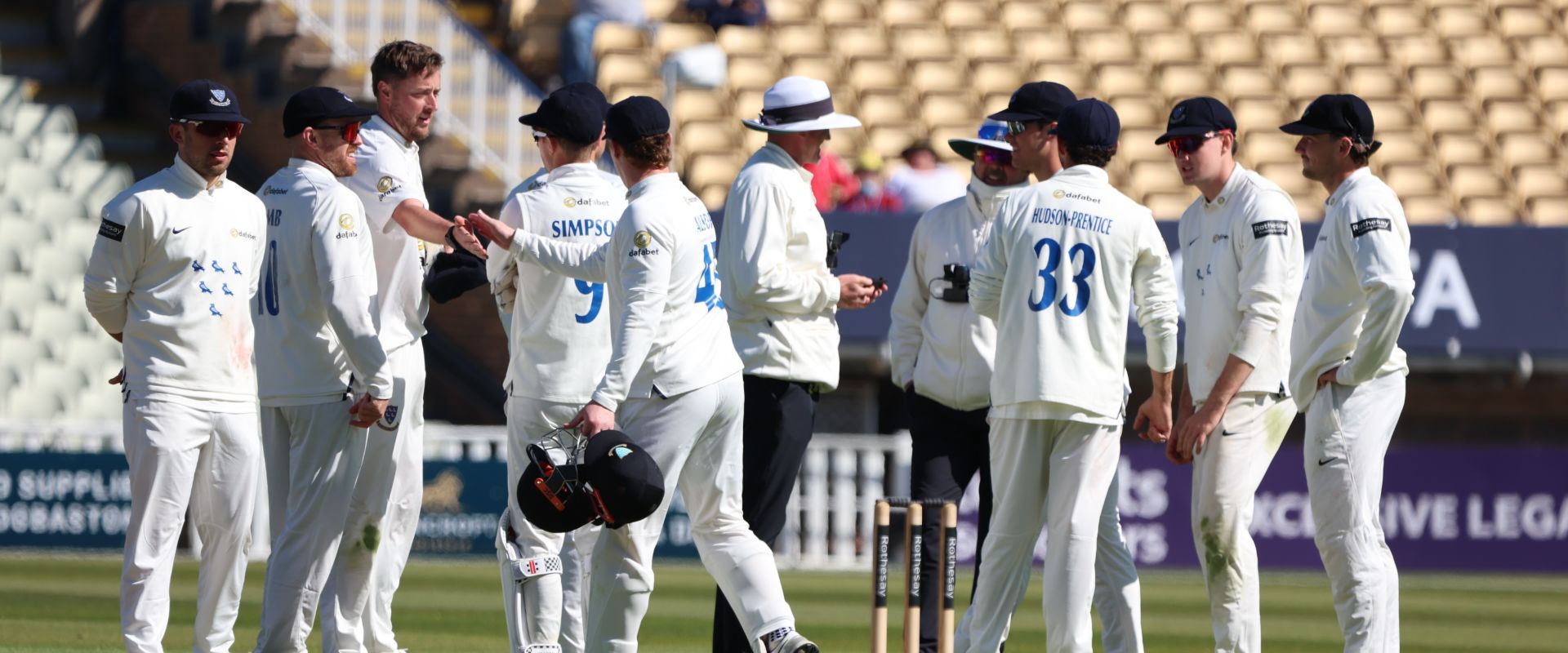 Sussex players gather to celebrate an Ollie Robinson wicket against Warwickshire.