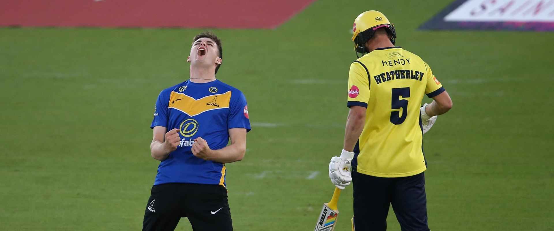 Jack Carson celebrating a wicket against Hampshire, he has joined as a sussex cricket foundation ambassador in 2025 