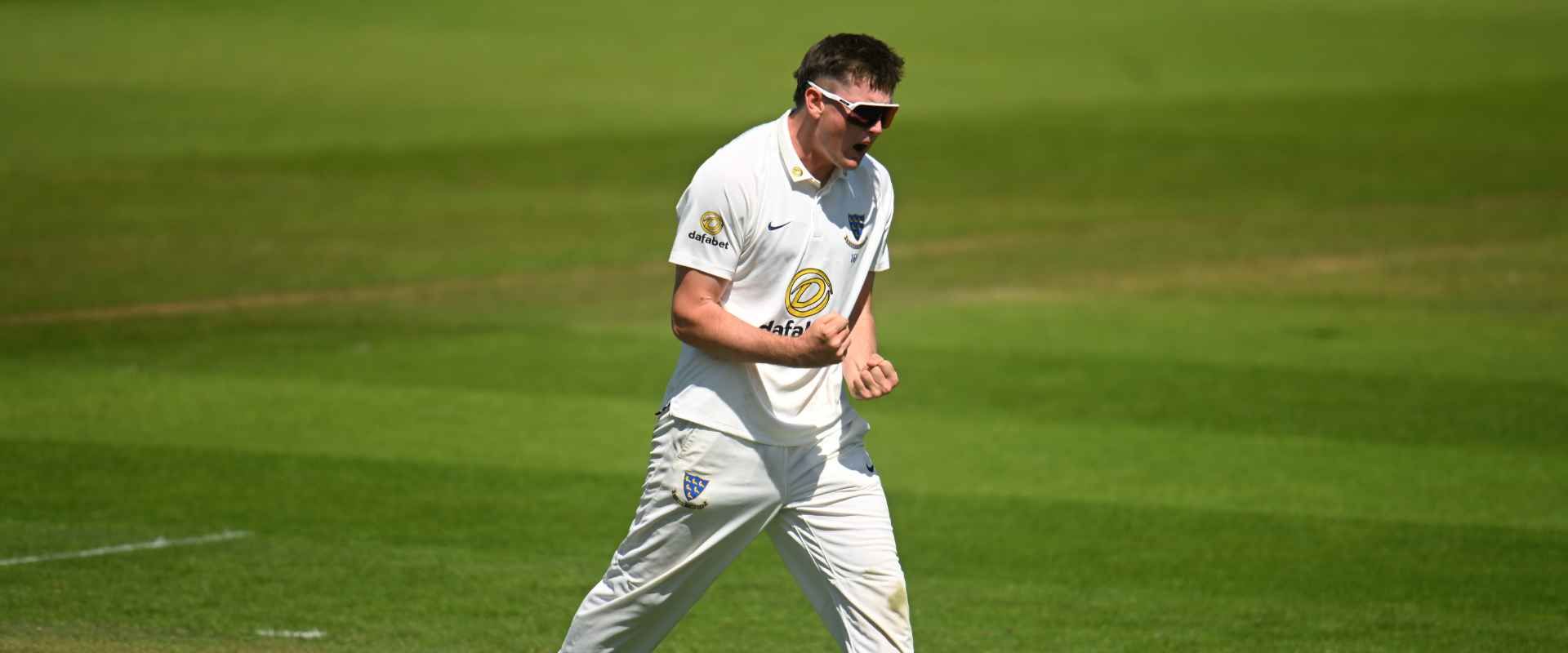 Jack Carson celebrating a wicket at Taunton