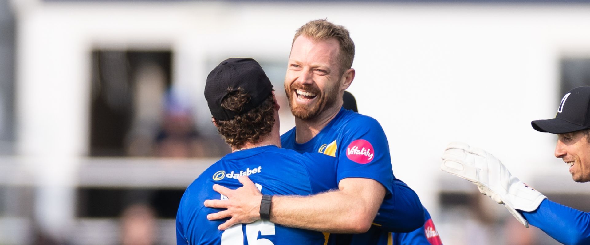 Nathan McAndrew celebrates a wicket against Glamorgan.