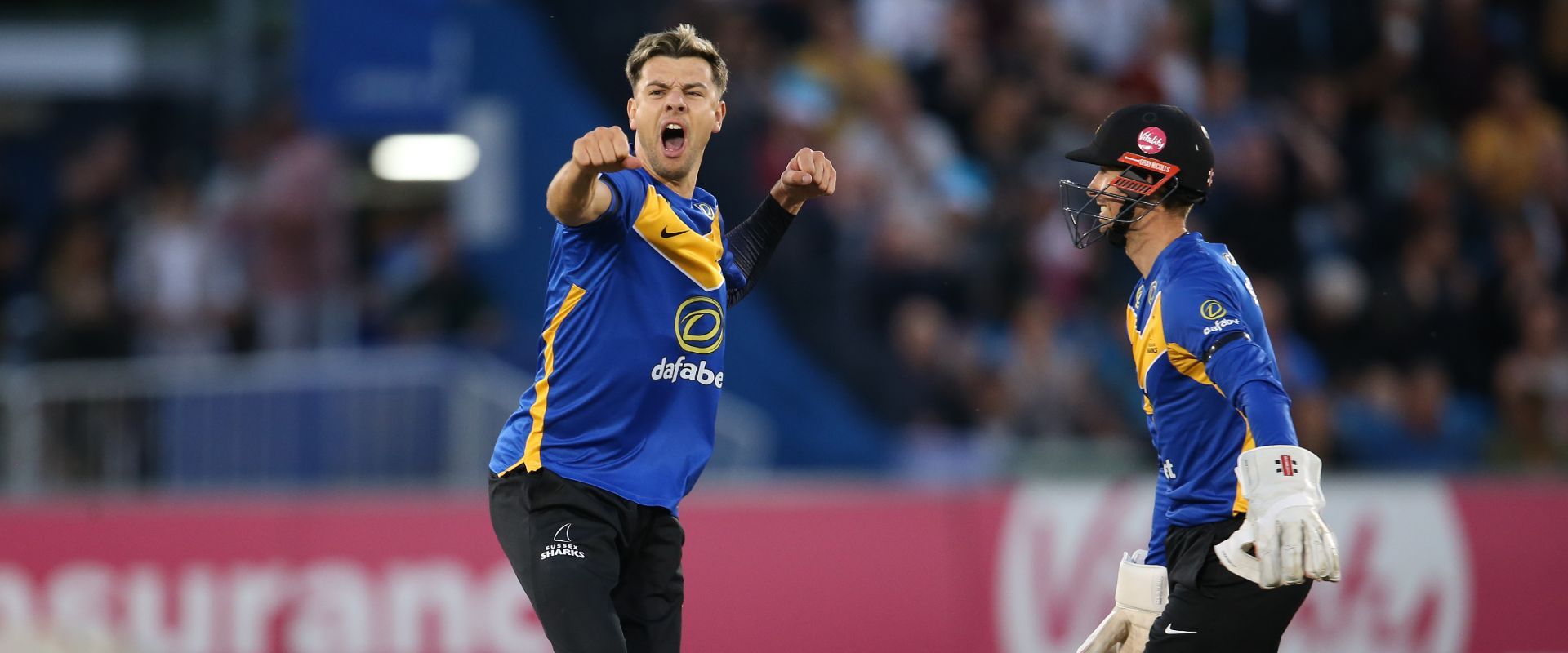 Brad Currie celebrates a wicket in the Vitality Blast.