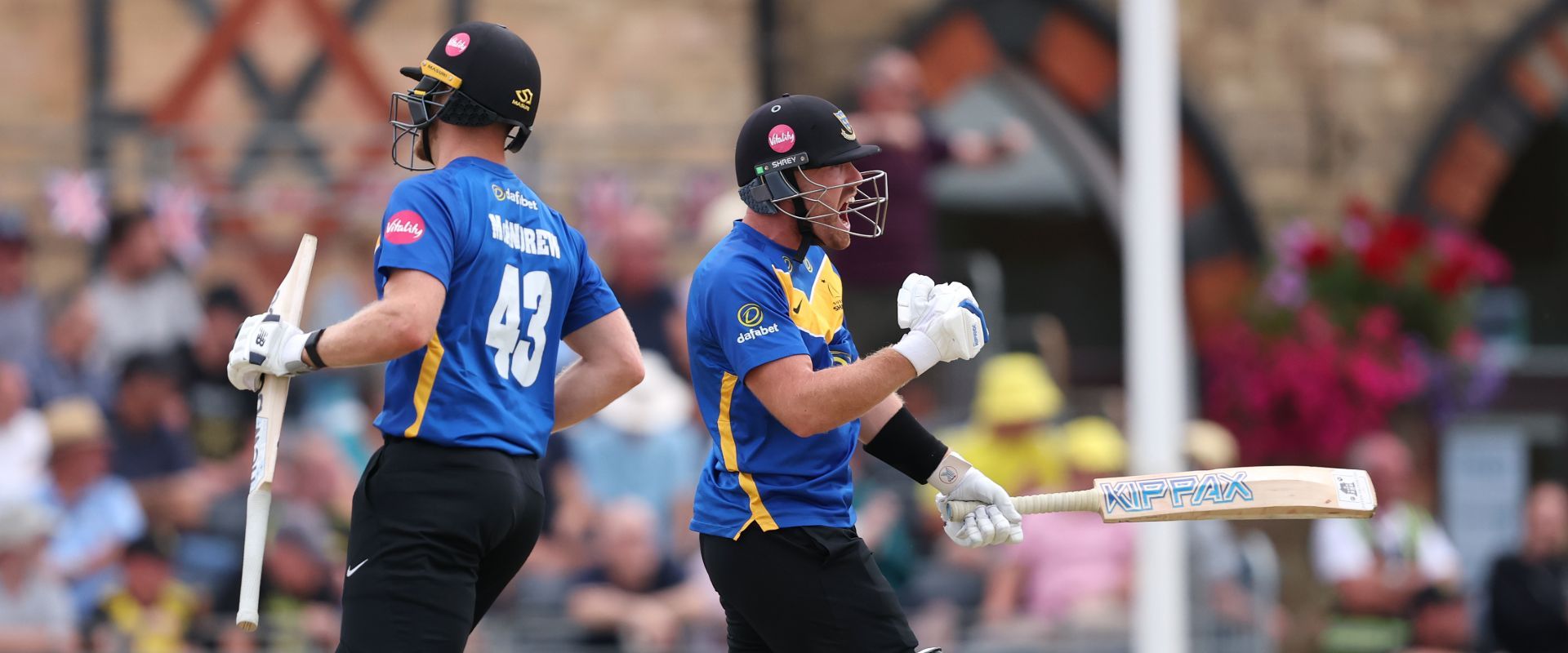 Danny Lamb celebrates after hitting the winning runs against Gloucestershire.