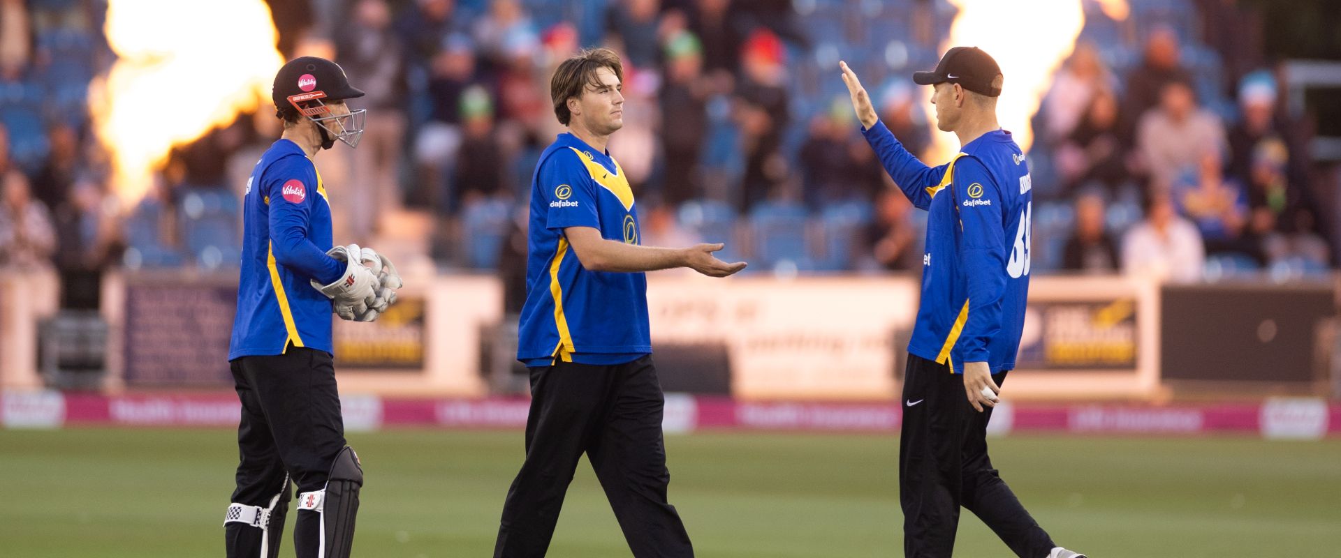 Sussex players celebrate after taking a wicket against Hampshire
