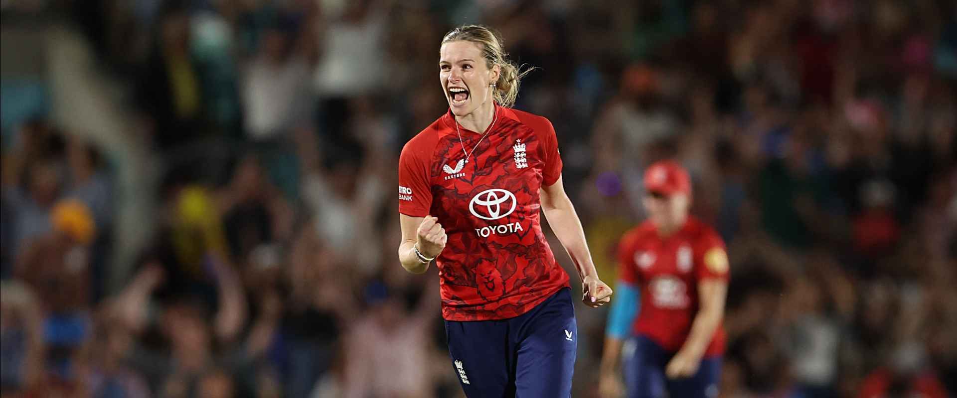lauren bell celebrates a t20 wicket for england