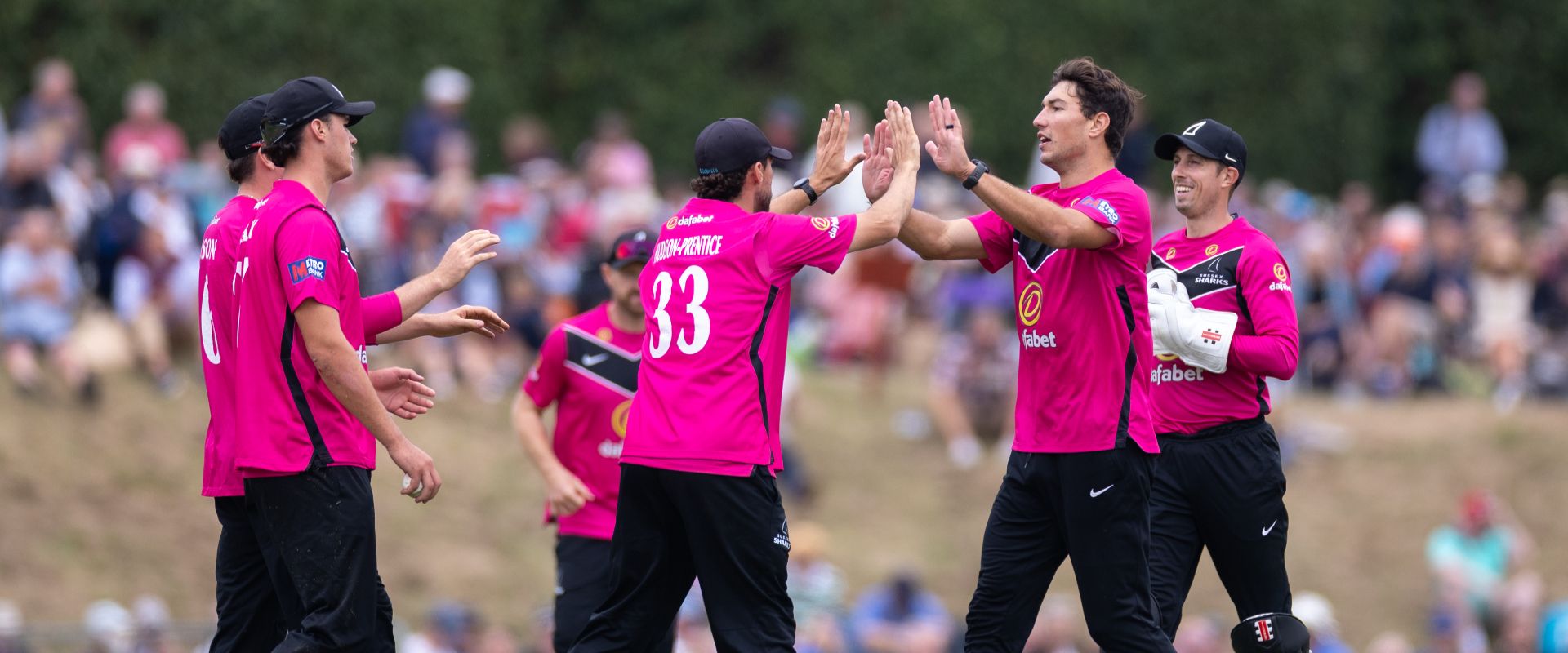 Sussex players celebrate after taking a wicket against Kent