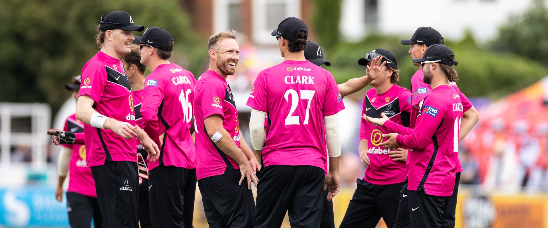 Sussex players celebrate after taking a wicket against Somerset