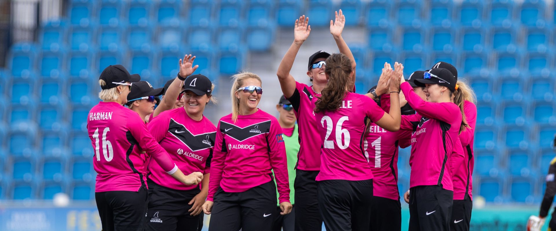 Sharks player celebrate after taking a wicket against Gloucestershire last time out