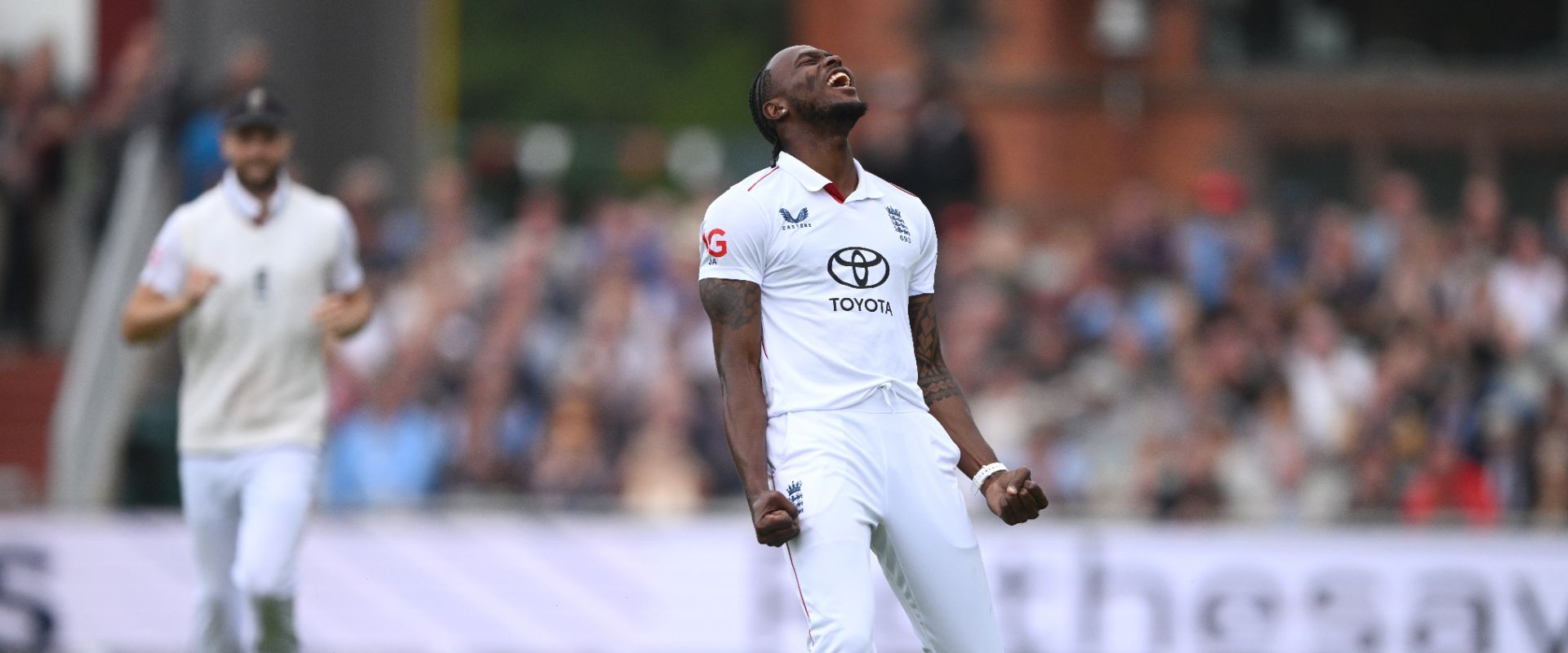 Jofra Archer celebrates the wicket of Ravindra Jadeja during day two of the Fourth Test Match between England and India at Emirates Old Trafford