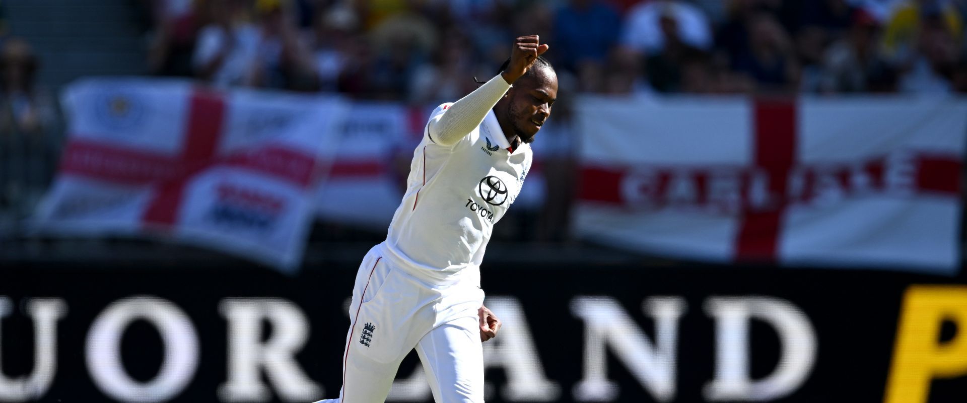 Jofra Archer celebrates the wicket of Marnus Labuschagne in the first Ashes Test Match.