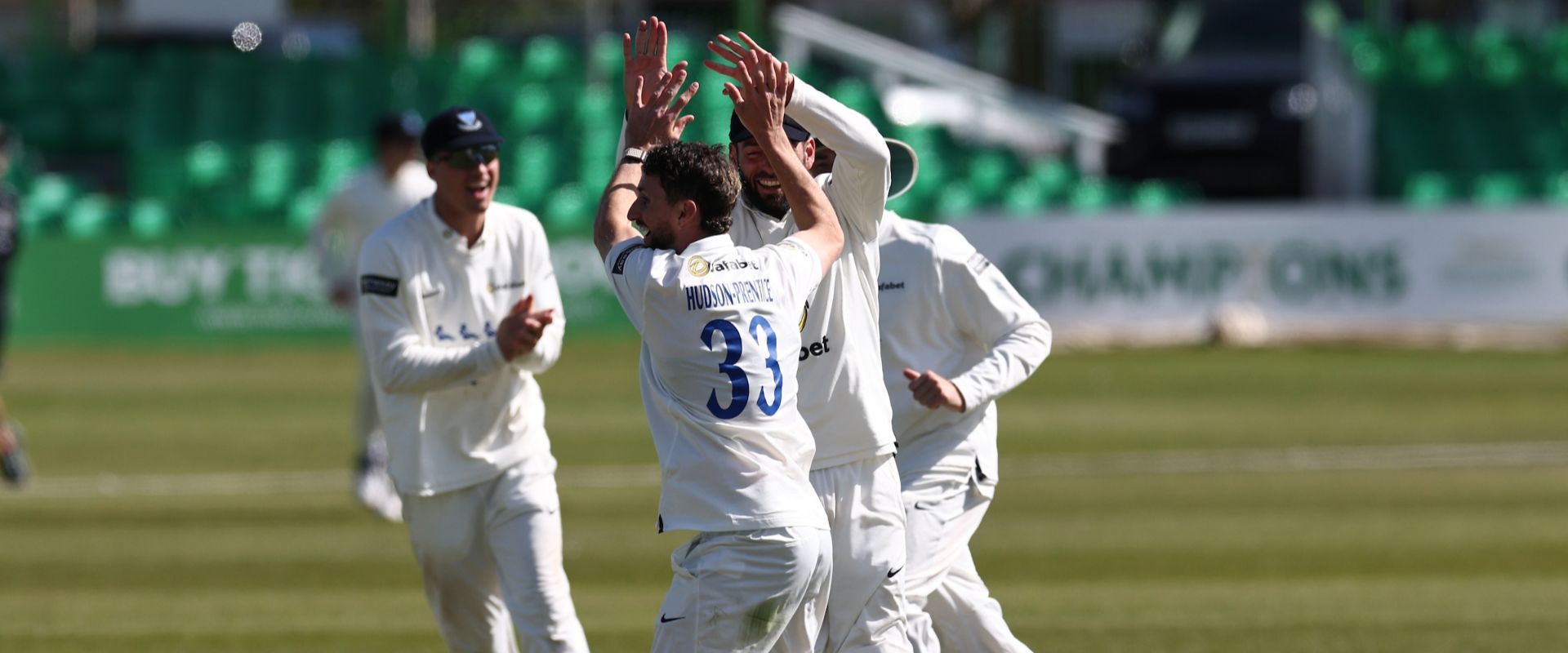 Fynn Hudson-Prentice celebrates a wicket.