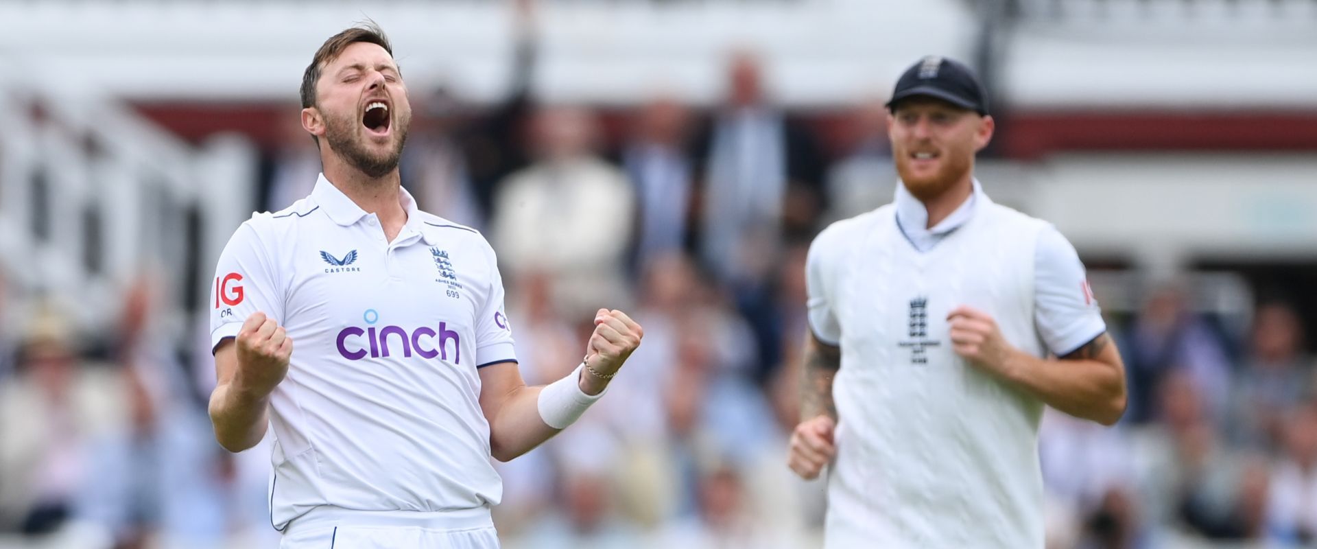Ollie Robinson celebrates a wicket for England