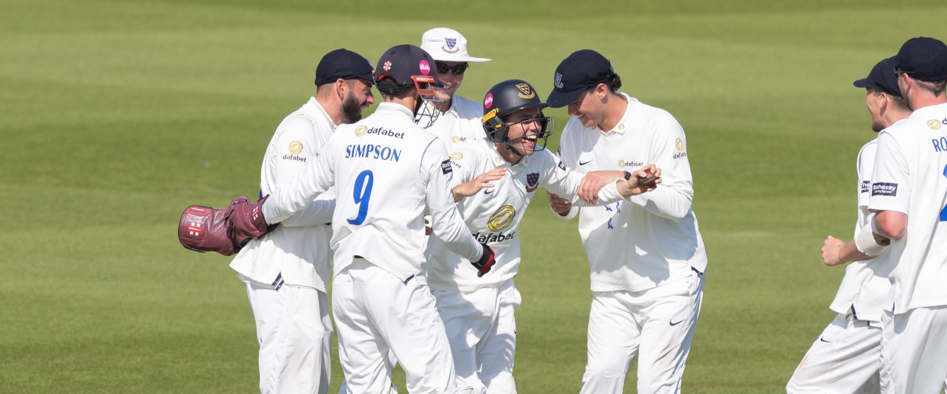 Sussex players celebrate after Charlie Tear takes a great catch