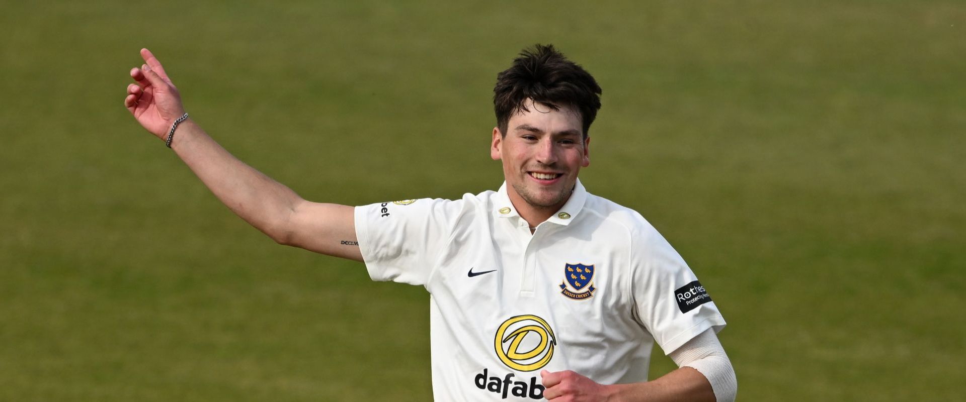Henry Crocombe celebrates a wicket for Sussex
