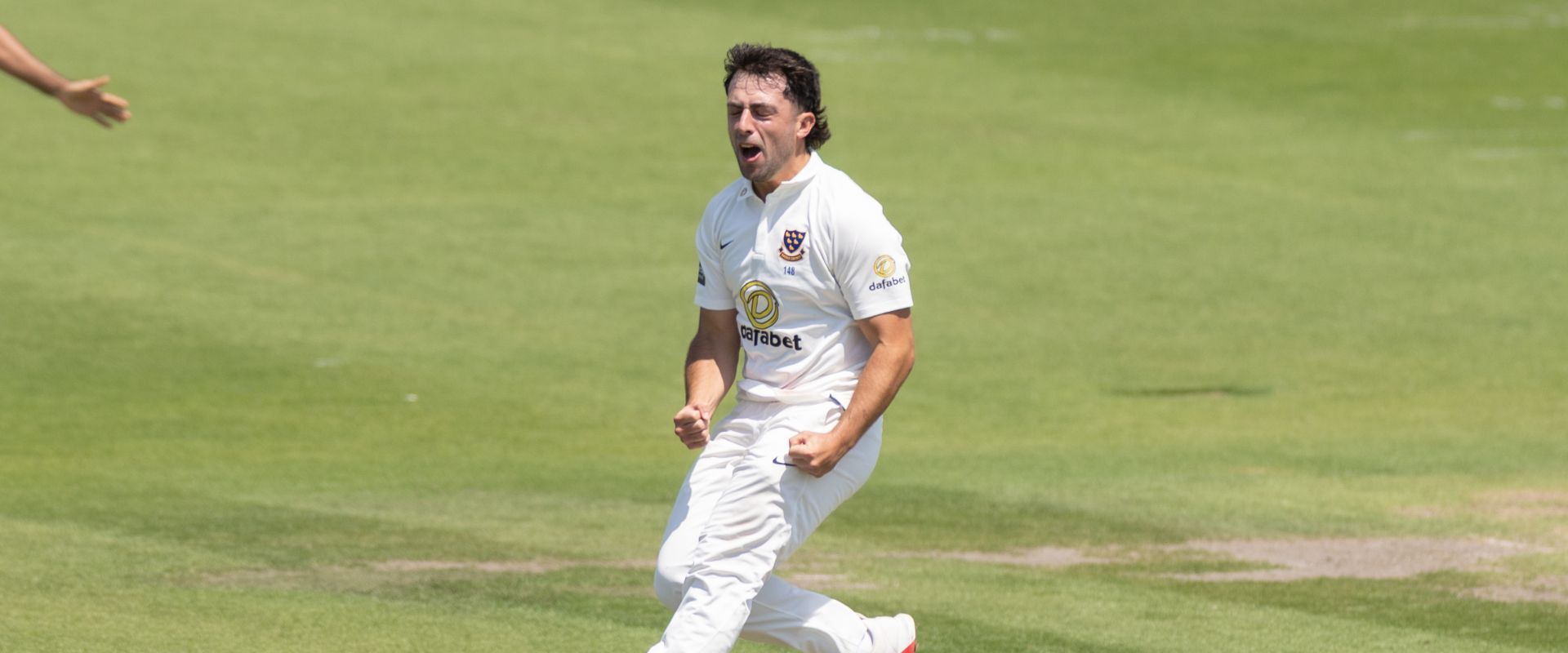 Tom Haines celebrates a wicket.