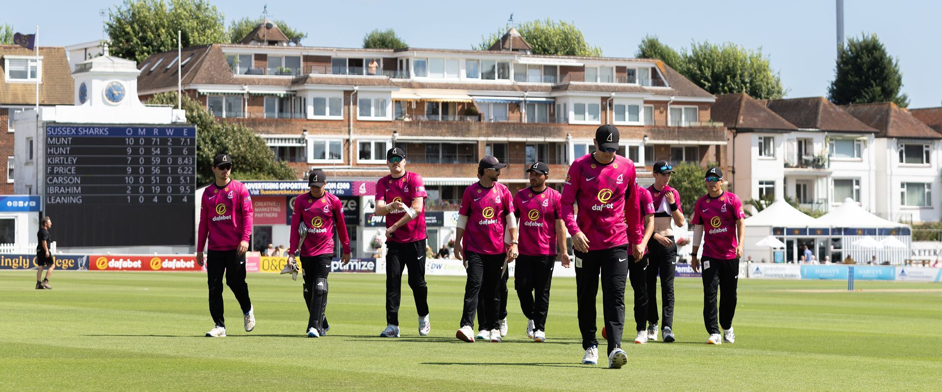 Sussex Sharks players walking off the field after their bowling innings.