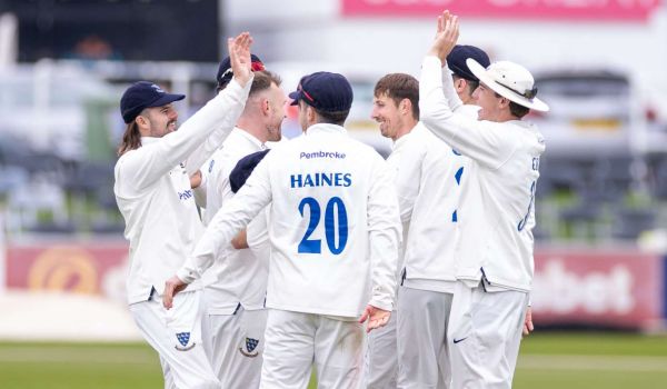 Sussex players celebrate a wicket against Northamptonshire