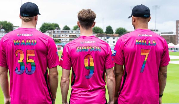 Harrison Ward, John Simpson and Tymal Mills show off the limited edition Pride kit