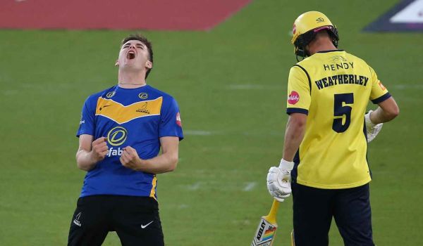 Jack Carson celebrating a wicket against Hampshire, he has joined as a sussex cricket foundation ambassador in 2025 