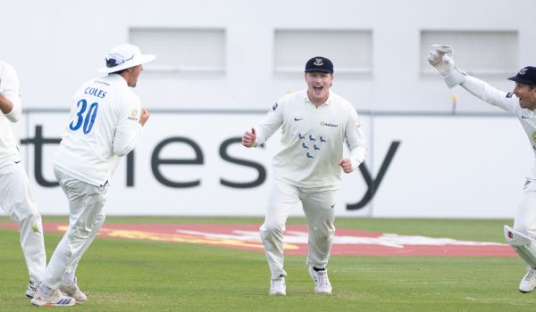 Sussex's slip cordon celebrate a wicket