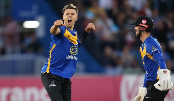 Brad Currie celebrates a wicket in the Vitality Blast.