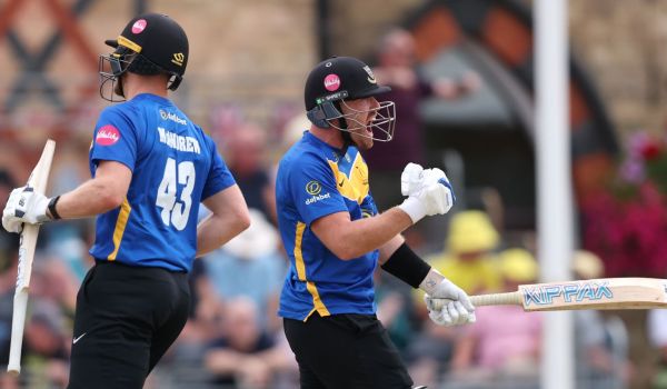 Danny Lamb celebrates after hitting the winning runs against Gloucestershire.