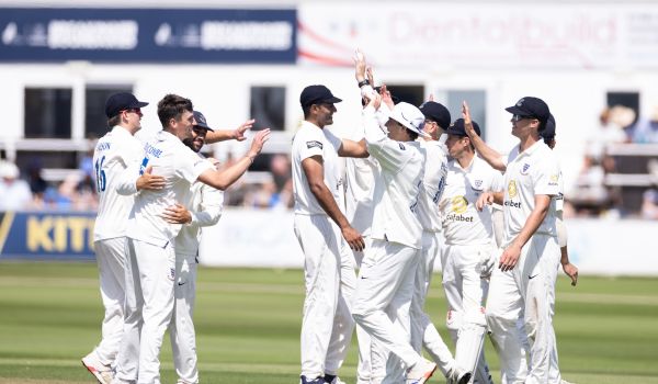 Sussex players celebrate after taking a wicket against Warwickshire at Hove