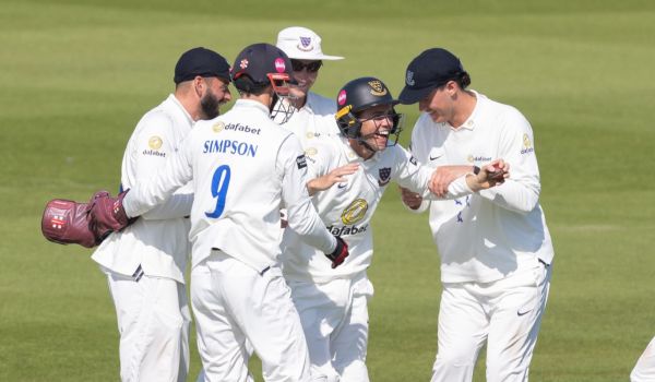 Sussex players celebrate after Charlie Tear takes a great catch