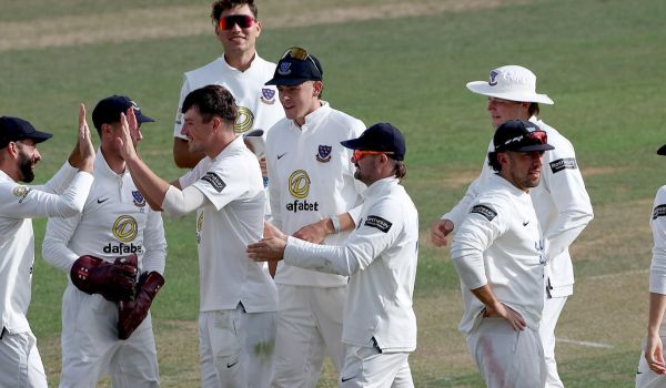 Henry Crocombe celebrates his hat-trick.