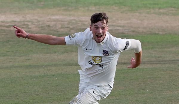 Henry Crocombe celebrates his hat-trick at Chelmsford.