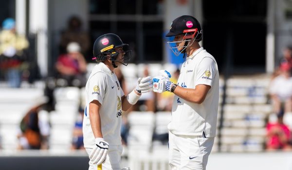 Charlie Tear and Tom Clark batting together.